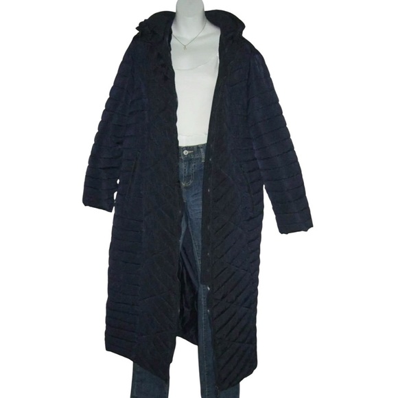 Elora Coat Puffer Long Full Length Warm Ski Winter Vacation Navy Blue Heavy Hood - Picture 2 of 16